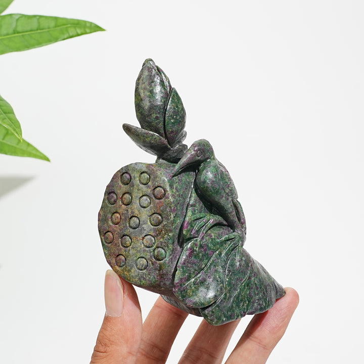 Unique,Natural Crystal Ruby In Kyanite Lotus With Egret Carving