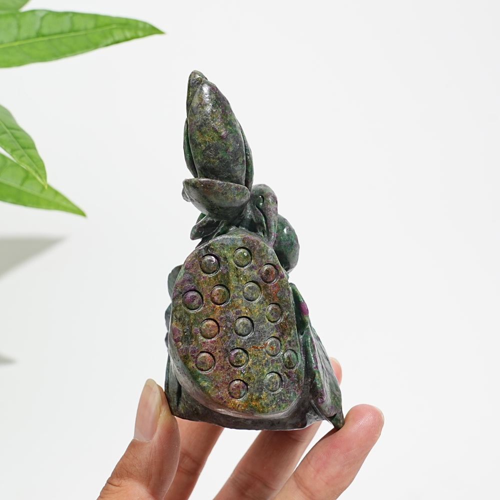 Unique,Natural Crystal Ruby In Kyanite Lotus With Egret Carving