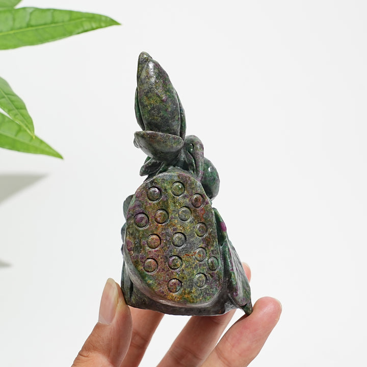 Unique,Natural Crystal Ruby In Kyanite Lotus With Egret Carving