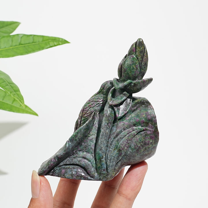 Unique,Natural Crystal Ruby In Kyanite Lotus With Egret Carving