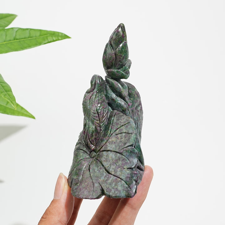 Unique,Natural Crystal Ruby In Kyanite Lotus With Egret Carving