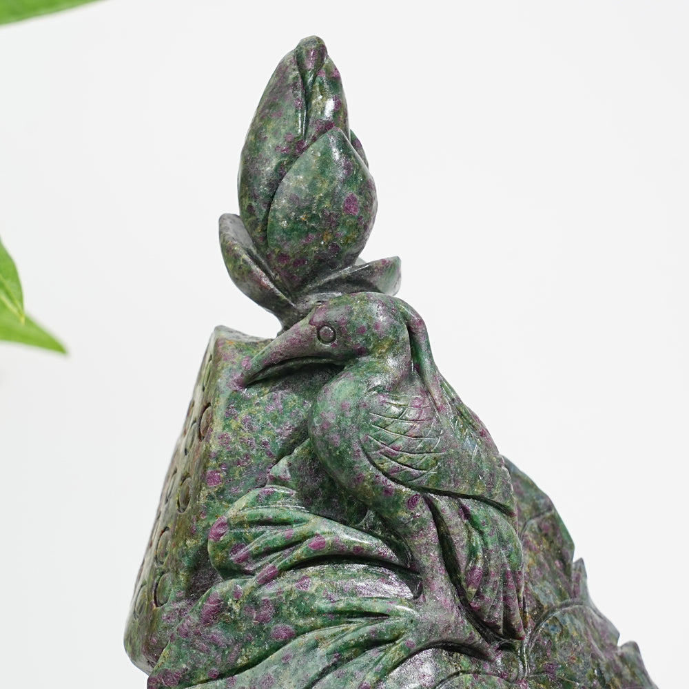Unique,Natural Crystal Ruby In Kyanite Lotus With Egret Carving