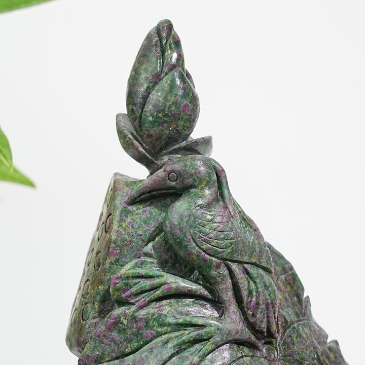 Unique,Natural Crystal Ruby In Kyanite Lotus With Egret Carving