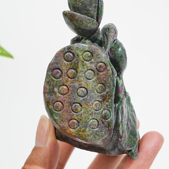 Unique,Natural Crystal Ruby In Kyanite Lotus With Egret Carving
