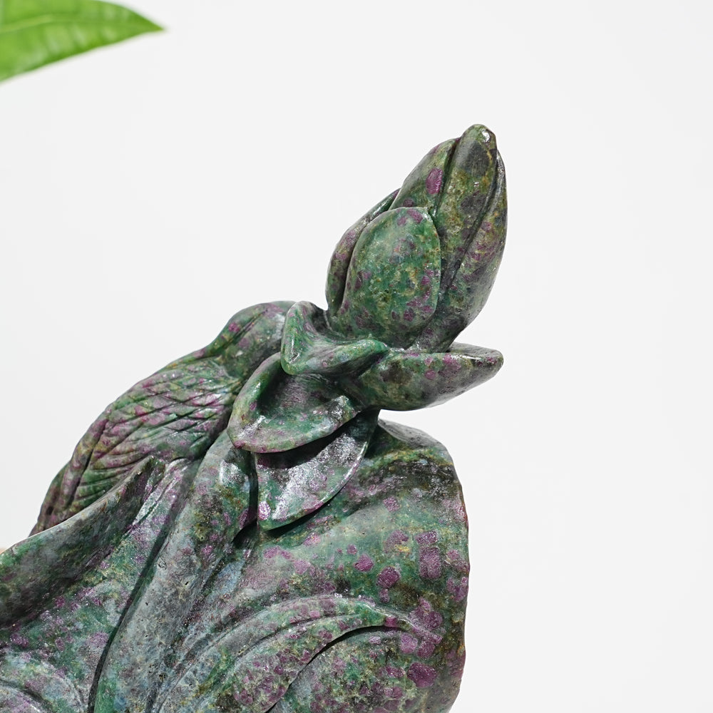 Unique,Natural Crystal Ruby In Kyanite Lotus With Egret Carving