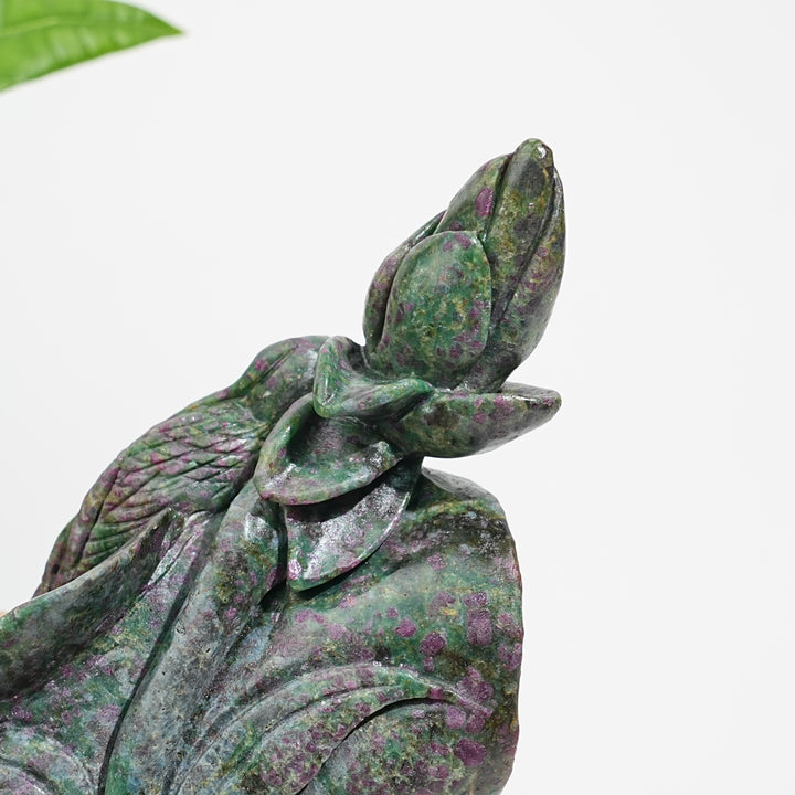 Unique,Natural Crystal Ruby In Kyanite Lotus With Egret Carving