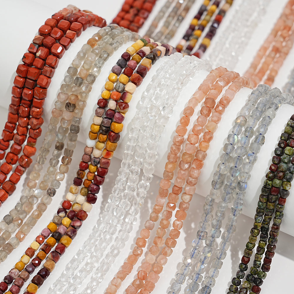 Natural Faceted Cube Crystal Dice Square Bead Strand