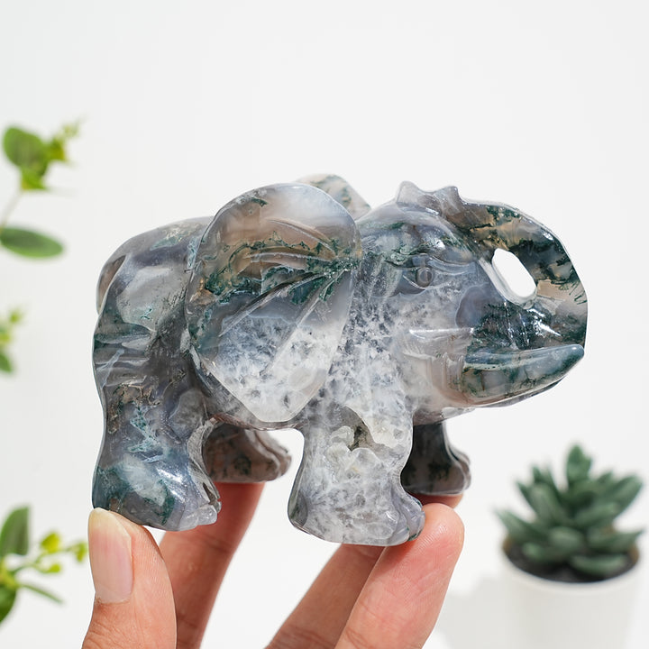 Unique,Natural Moss Agate Elephant Carving