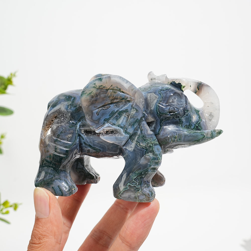 Unique,Natural Moss Agate Elephant Carving