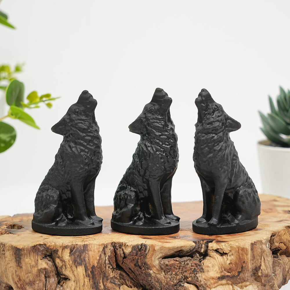 Natural Black Obsidian Howling Wolf Carving