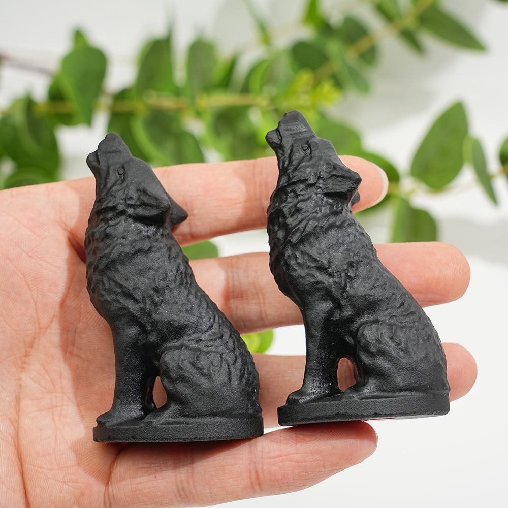 Natural Black Obsidian Howling Wolf Carving