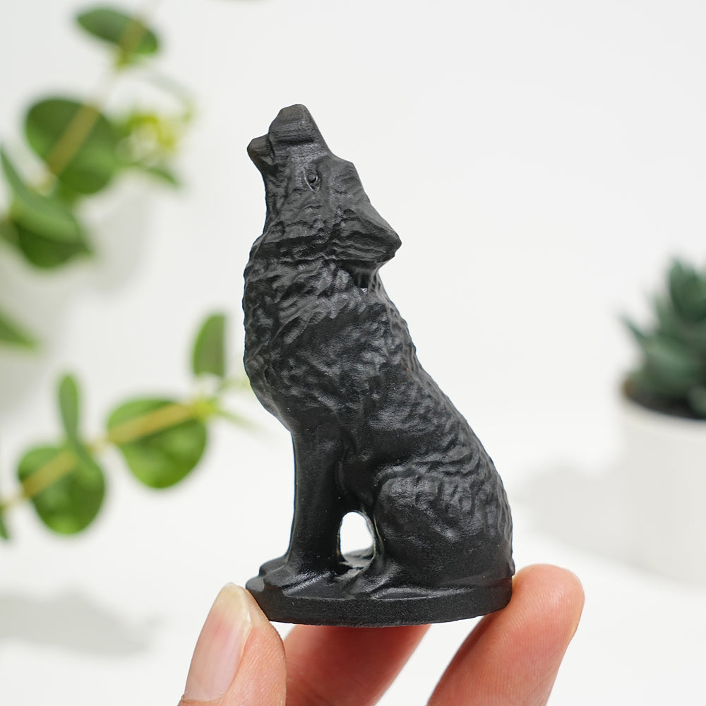 Natural Black Obsidian Howling Wolf Carving