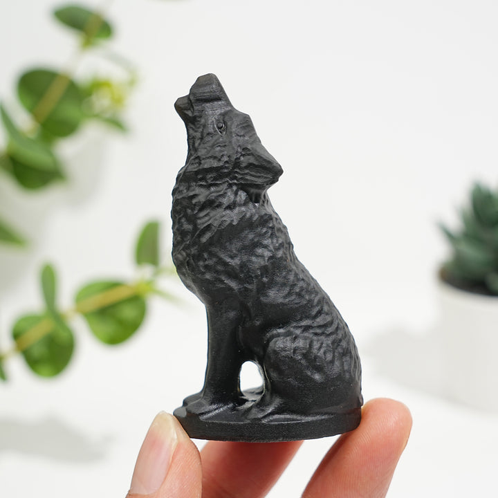 Natural Black Obsidian Howling Wolf Carving
