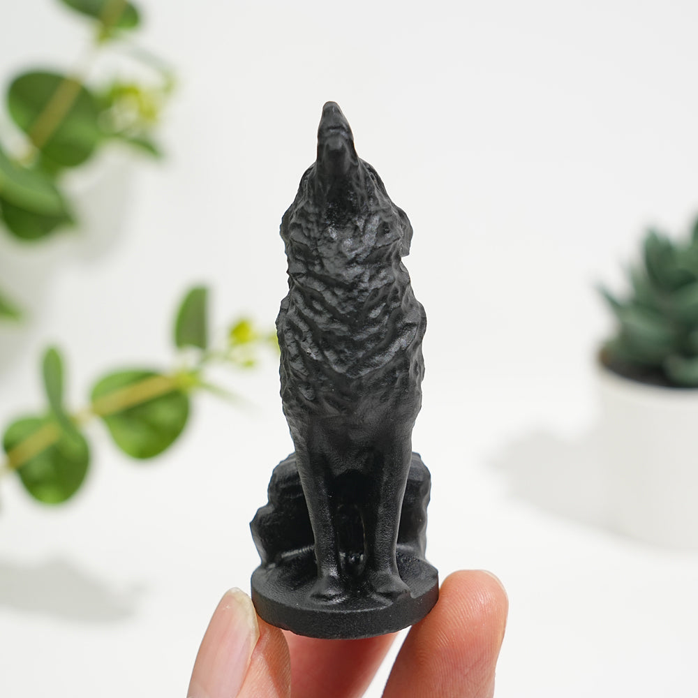Natural Black Obsidian Howling Wolf Carving