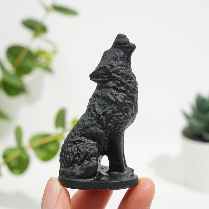 Natural Black Obsidian Howling Wolf Carving