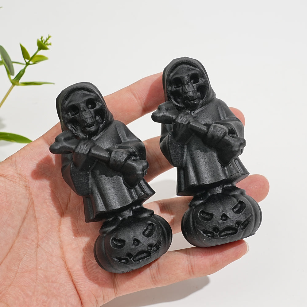Natural Crystal Black Obsidian Grim Reaper On Pumpkin