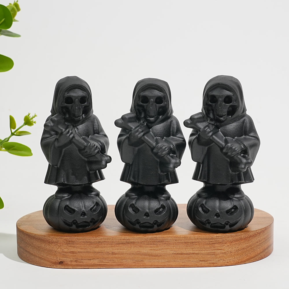 Natural Crystal Black Obsidian Grim Reaper On Pumpkin