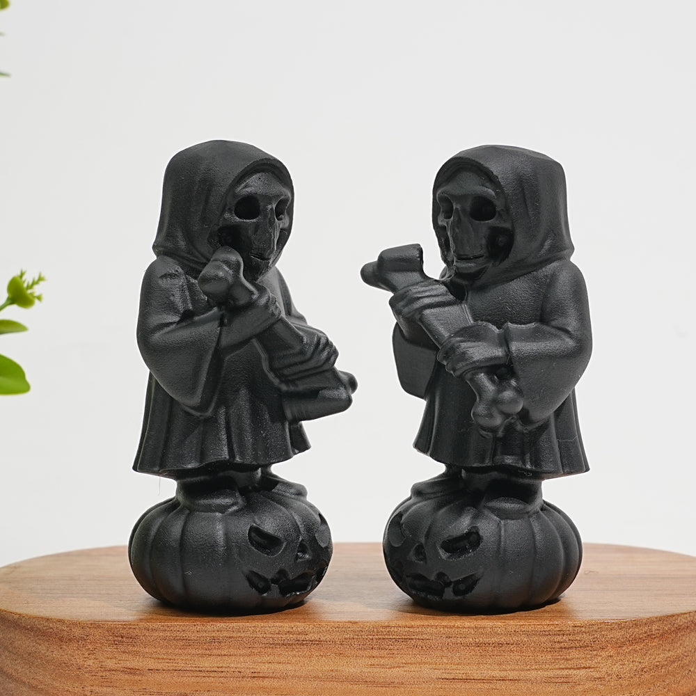 Natural Crystal Black Obsidian Grim Reaper On Pumpkin