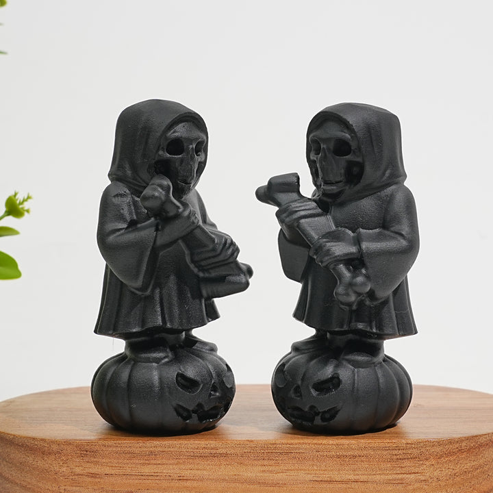 Natural Crystal Black Obsidian Grim Reaper On Pumpkin