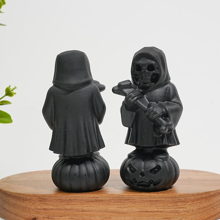 Natural Crystal Black Obsidian Grim Reaper On Pumpkin