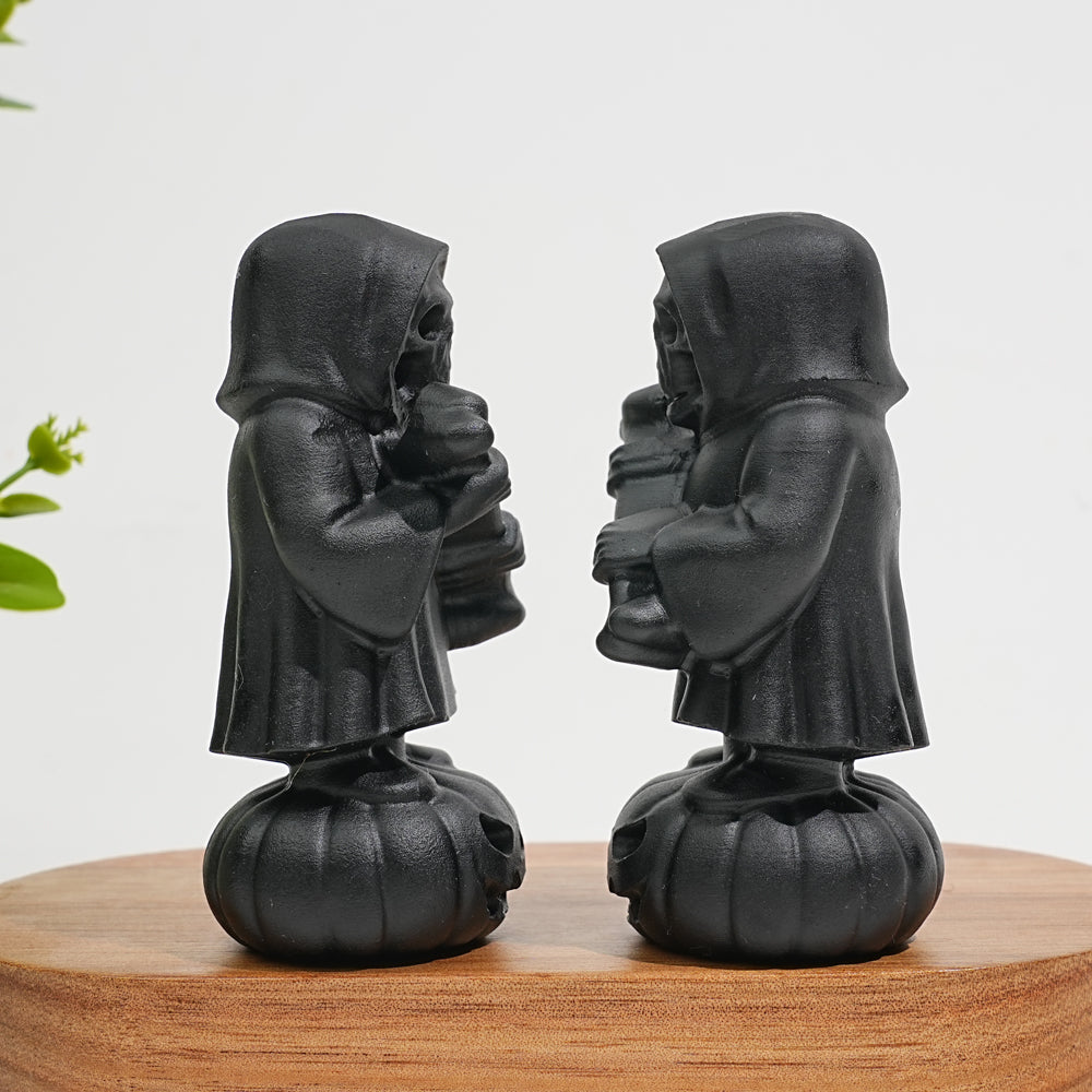 Natural Crystal Black Obsidian Grim Reaper On Pumpkin