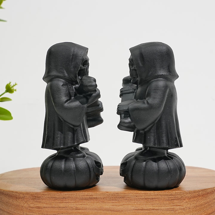 Natural Crystal Black Obsidian Grim Reaper On Pumpkin
