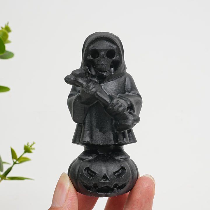 Natural Crystal Black Obsidian Grim Reaper On Pumpkin