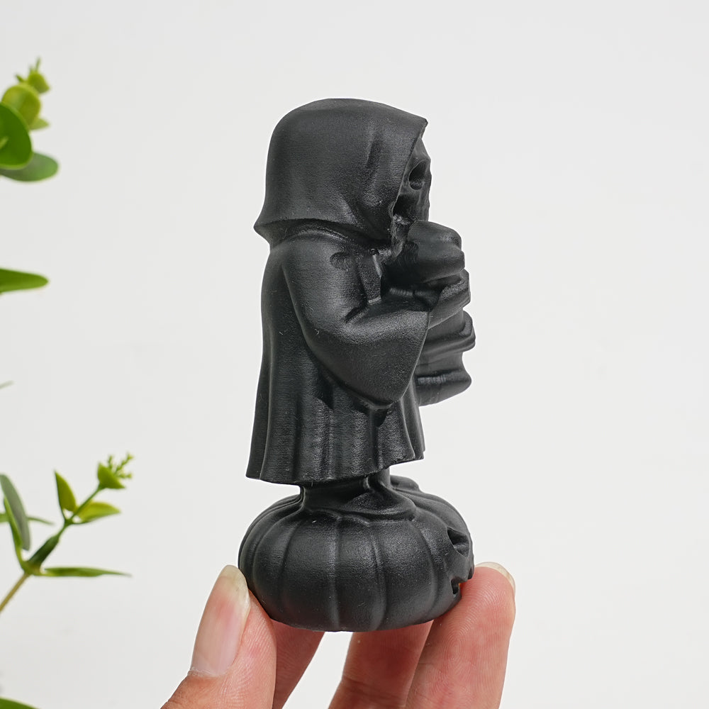 Natural Crystal Black Obsidian Grim Reaper On Pumpkin