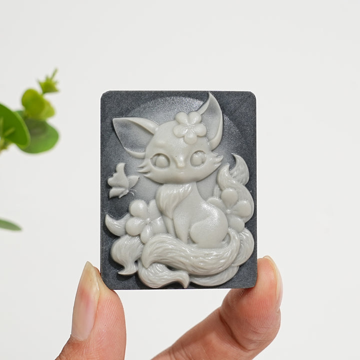 Unique,Natural TaiJi Stone Nine‑Tailed Fox With Butterfly