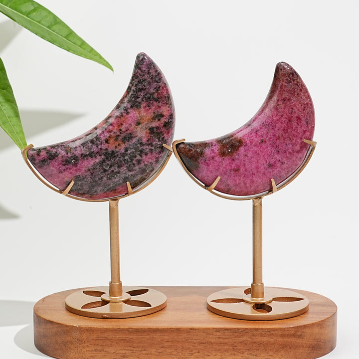 Unique,Natural Crystal Rhodonite In Quartz Crescent Moon Display