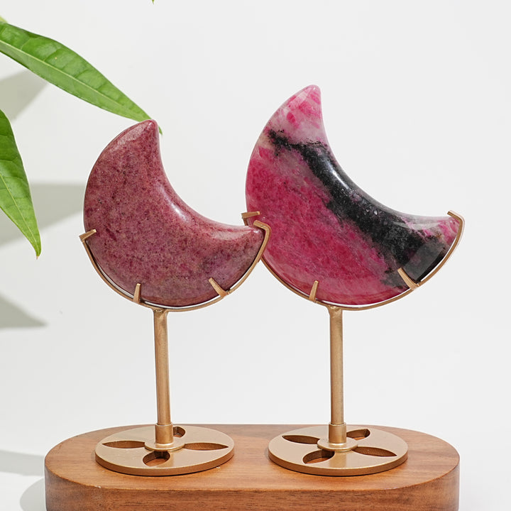 Unique,Natural Crystal Rhodonite In Quartz Crescent Moon Display