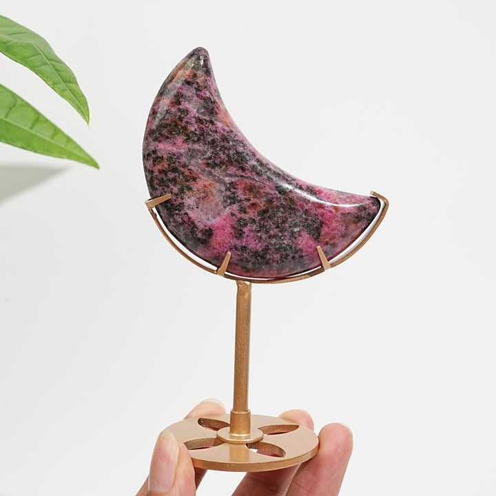 Unique,Natural Crystal Rhodonite In Quartz Crescent Moon Display