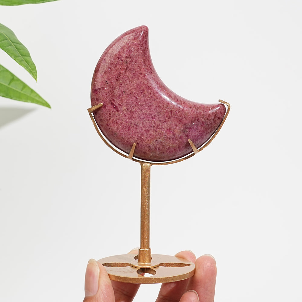 Unique,Natural Crystal Rhodonite In Quartz Crescent Moon Display