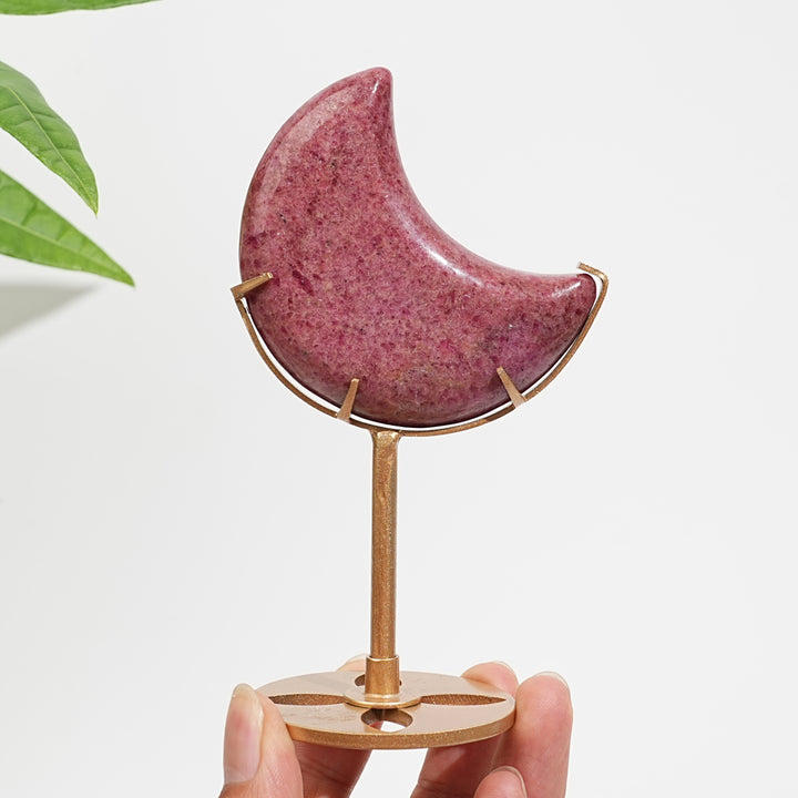 Unique,Natural Crystal Rhodonite In Quartz Crescent Moon Display