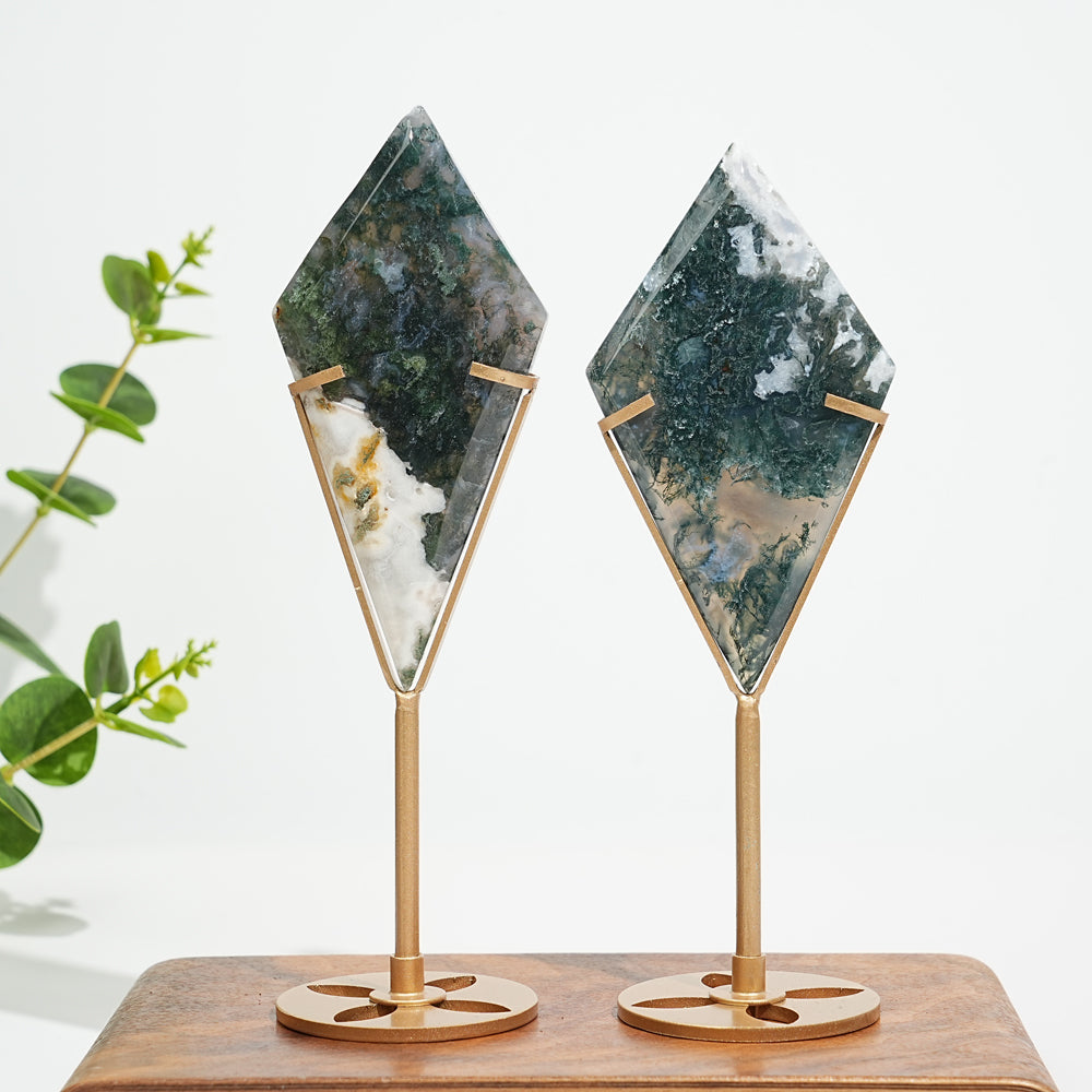 Unique,Natural Moss Agate Diamond Slice With Stand