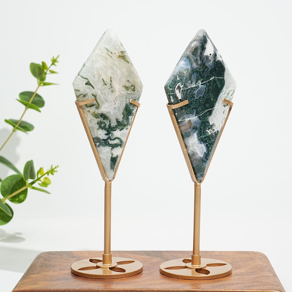 Unique,Natural Moss Agate Diamond Slice With Stand