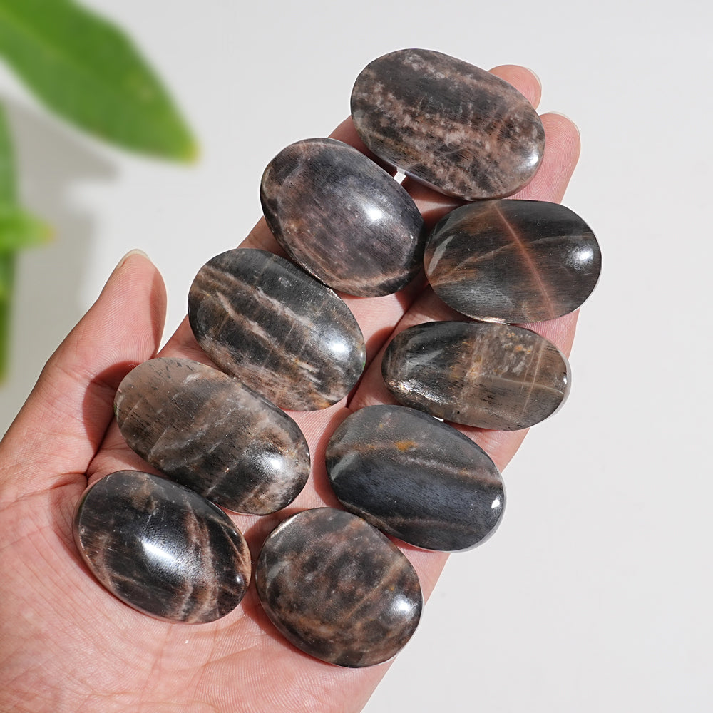Natural Crystal Black Moonstone With Sunstone Palm Stone