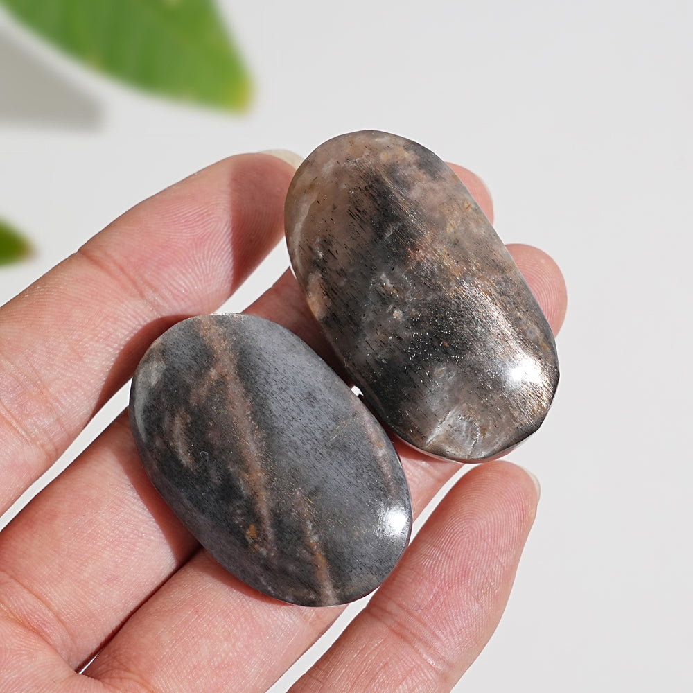 Natural Crystal Black Moonstone With Sunstone Palm Stone
