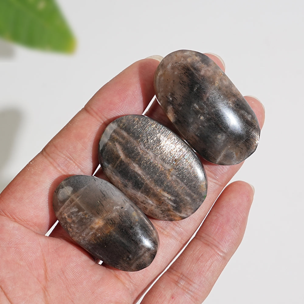 Natural Crystal Black Moonstone With Sunstone Palm Stone