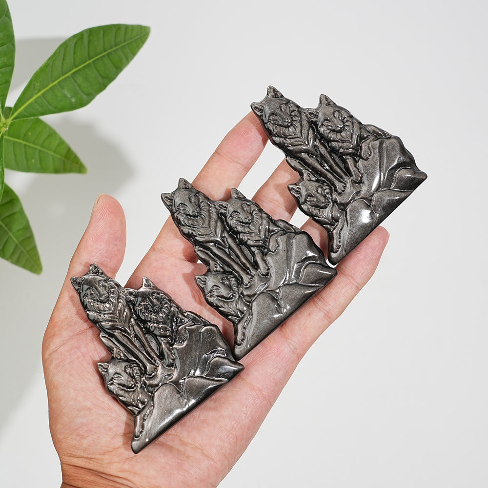 Natural Crystal Silver Obsidian Three‑Wolf Carving