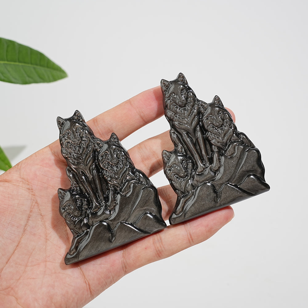 Natural Crystal Silver Obsidian Three‑Wolf Carving