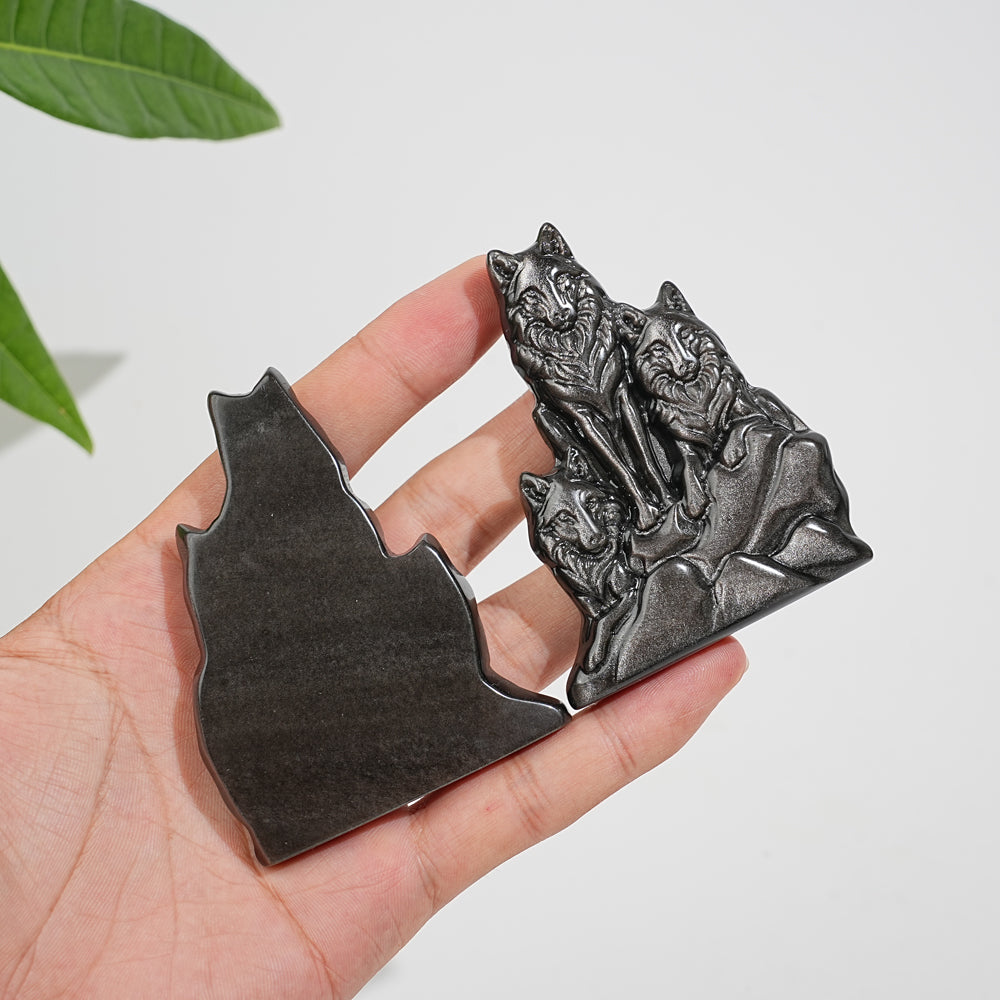 Natural Crystal Silver Obsidian Three‑Wolf Carving