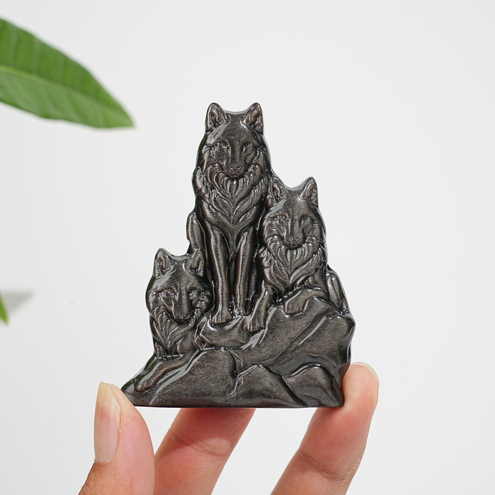 Natural Crystal Silver Obsidian Three‑Wolf Carving