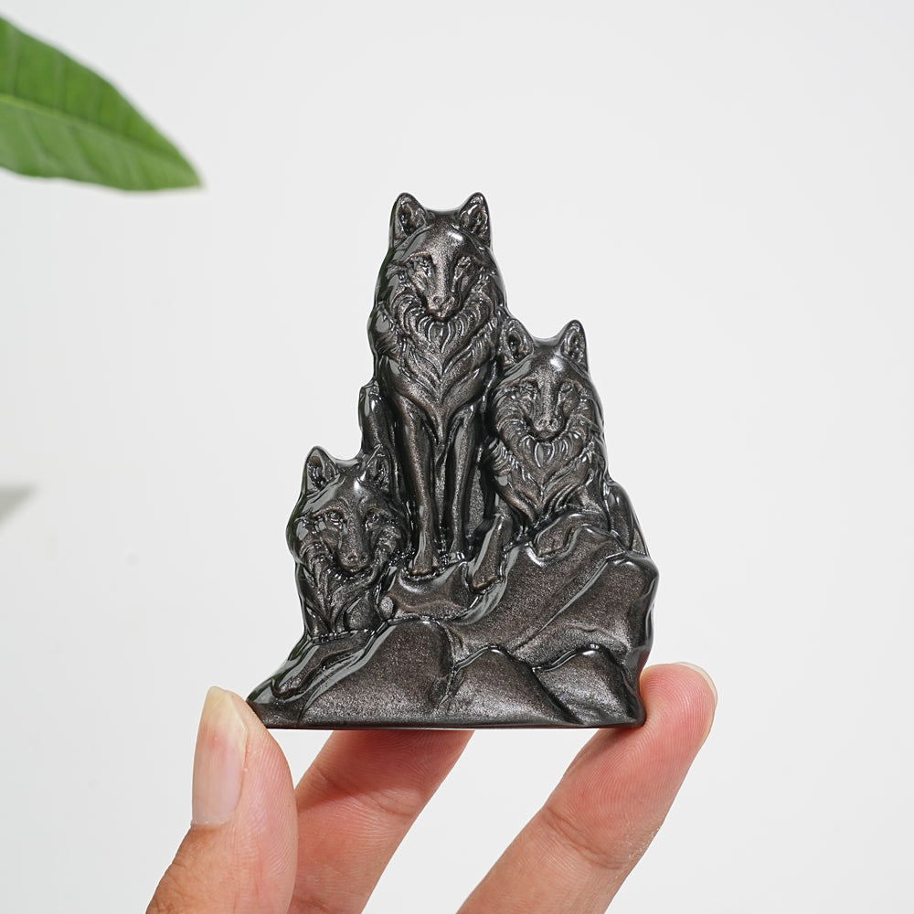 Natural Crystal Silver Obsidian Three‑Wolf Carving
