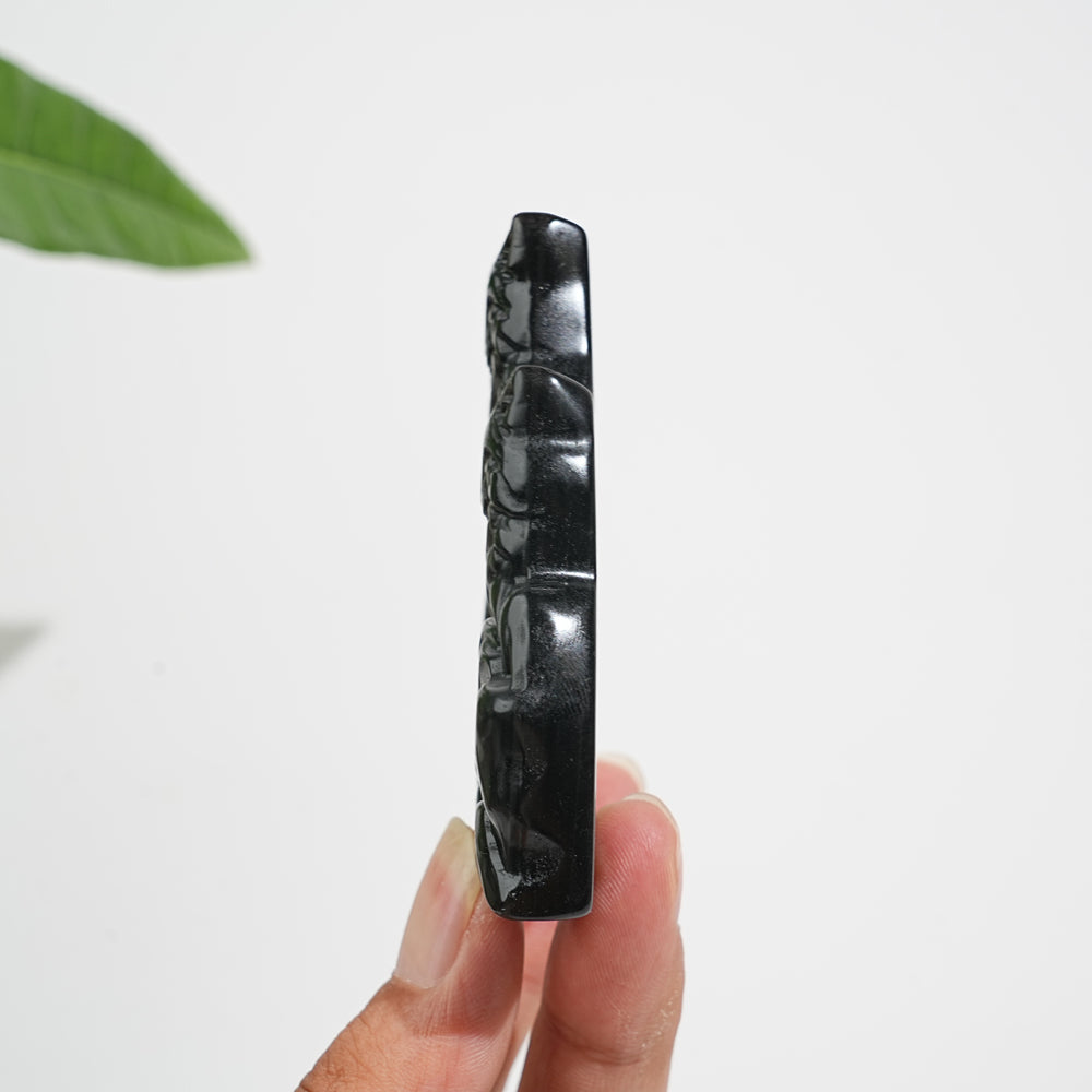 Natural Crystal Silver Obsidian Three‑Wolf Carving