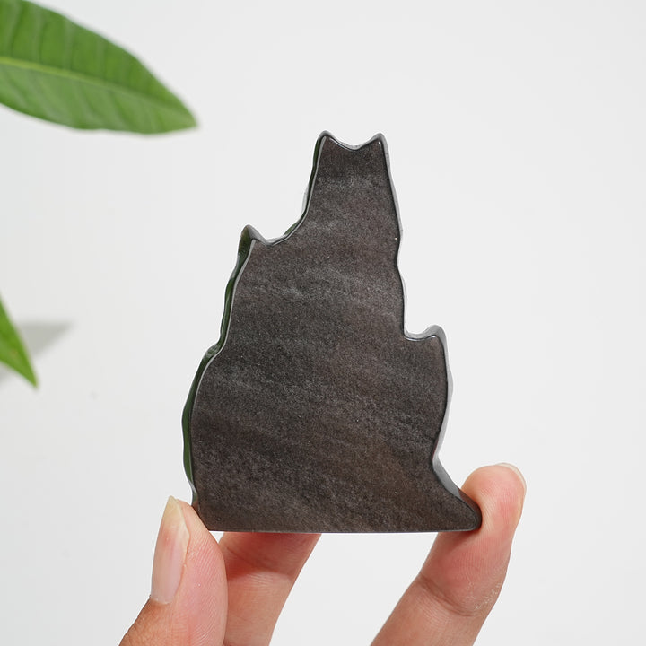 Natural Crystal Silver Obsidian Three‑Wolf Carving