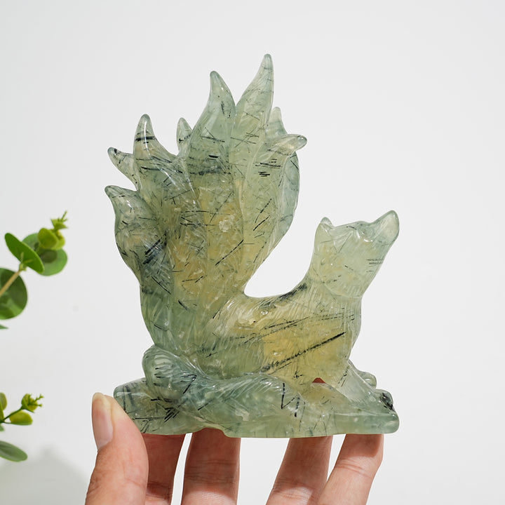 Unique,Natural Crystal Carving Prehnite Nine‑Tailed Fox