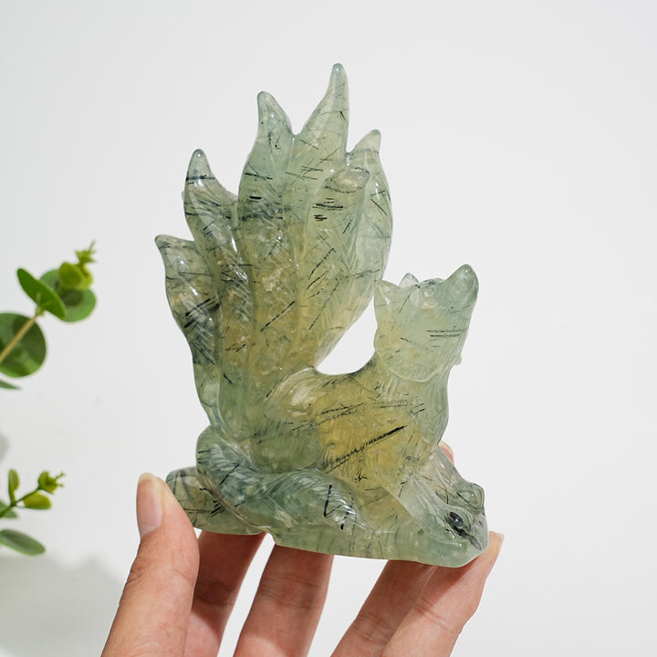 Unique,Natural Crystal Carving Prehnite Nine‑Tailed Fox