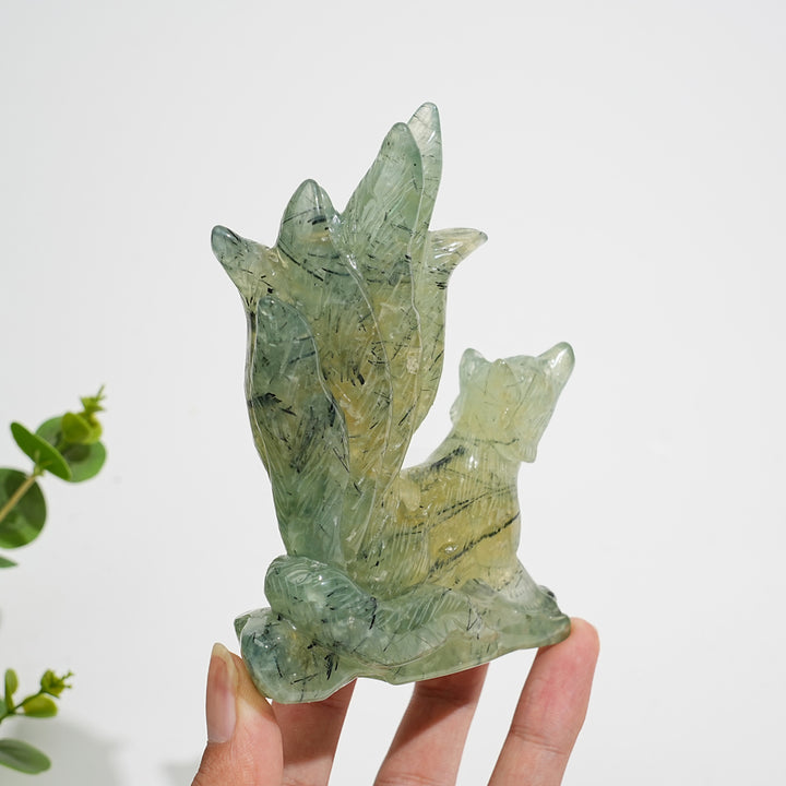 Unique,Natural Crystal Carving Prehnite Nine‑Tailed Fox