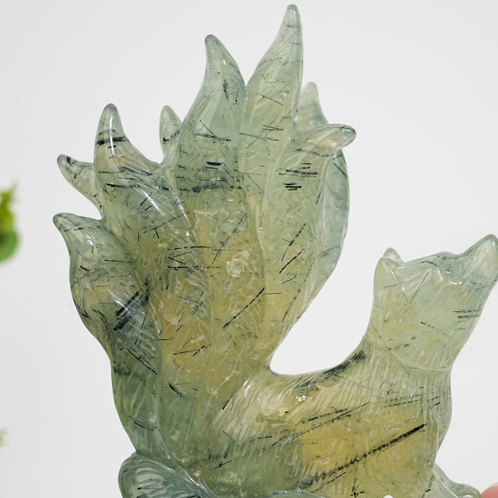Unique,Natural Crystal Carving Prehnite Nine‑Tailed Fox